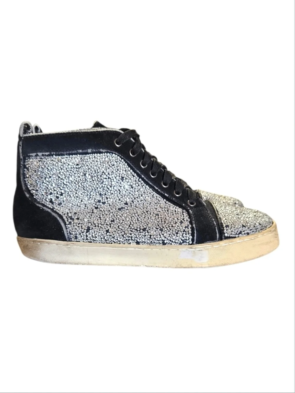CHRISTIAN LOUBOUTIN | Crystal High-Top Sneakers in Silver and Black EU 44 AS-IS